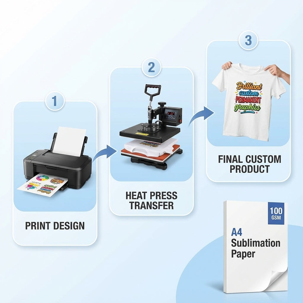 A4 Sublimation Paper 100 GSM for heat transfer printing for textile manufacturing and commercial merchandise.