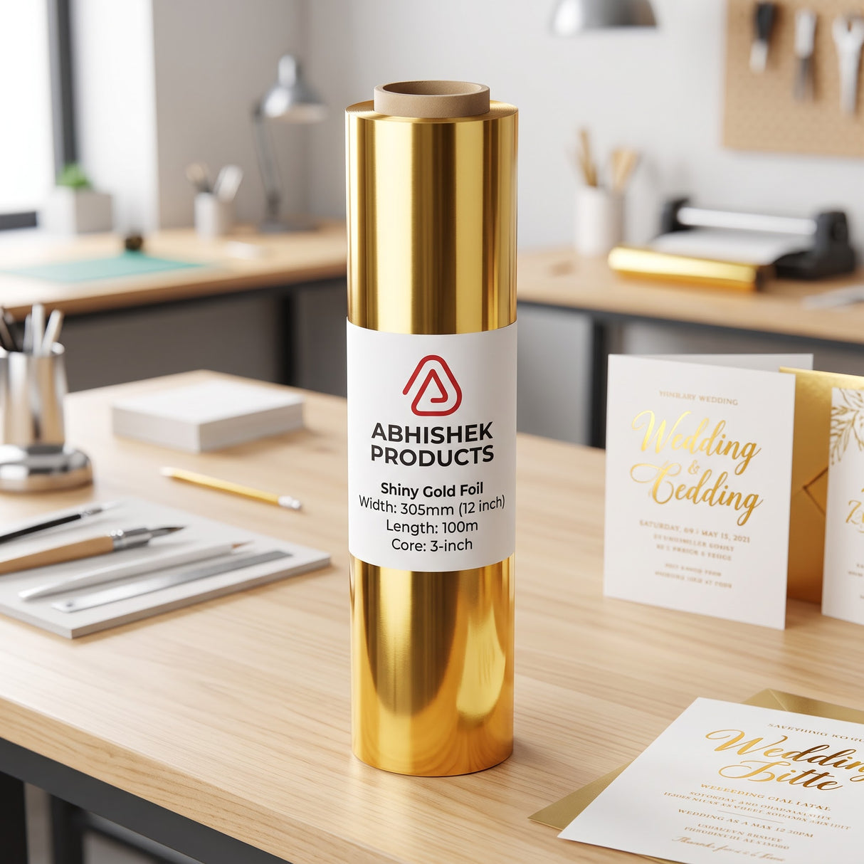 12 Inch x 112 Meter Gold Foil Metallic Roll (LaserJet) on a desk with wedding invitations.