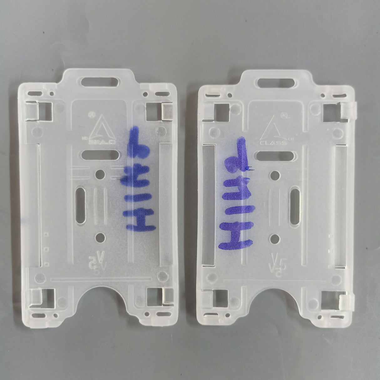 H142 Semi-Transparent Dual PVC Vertical ID Card Holder protecting dual RFID credentials for secure laboratory access.