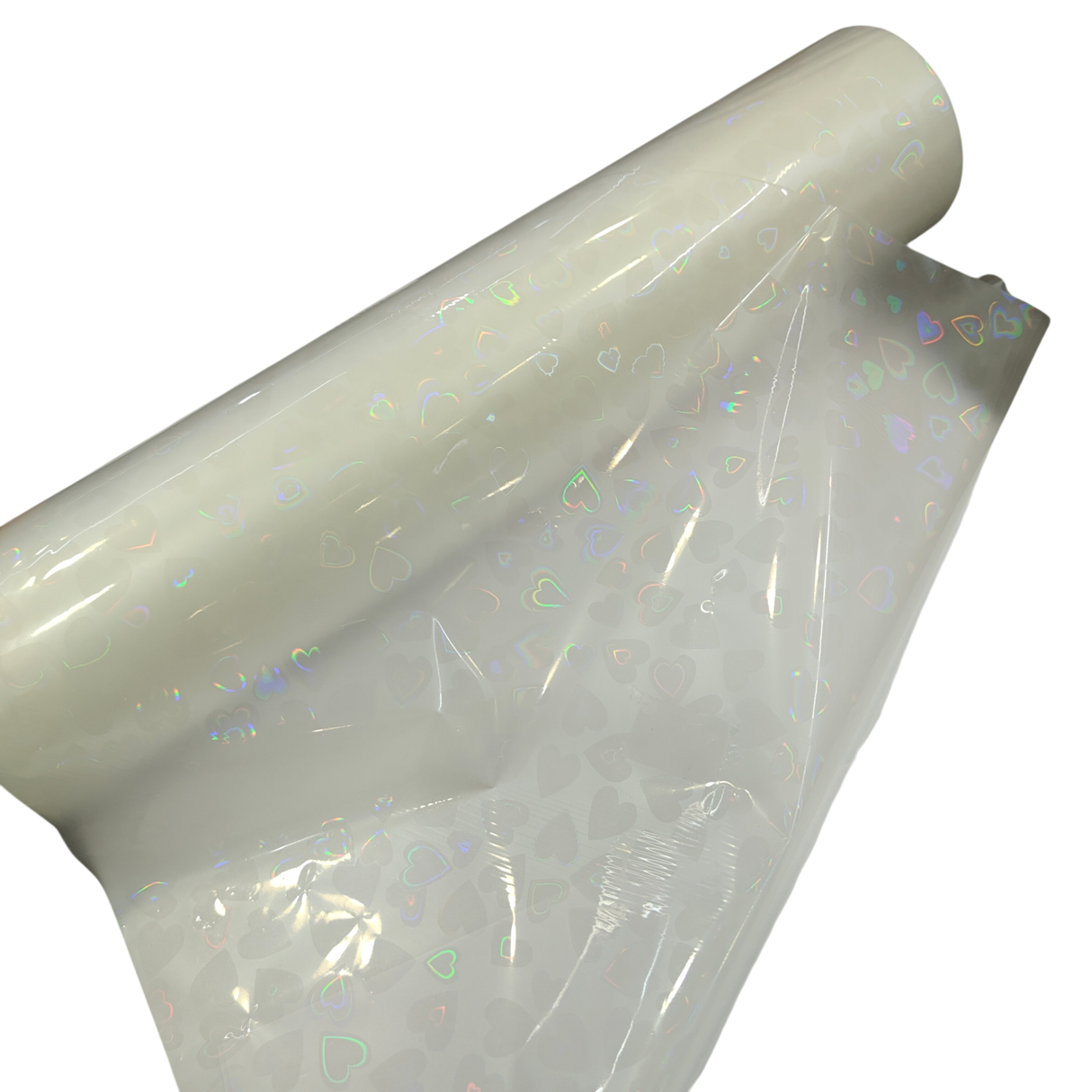 Holographic Heart Thermal Lamination Roll, 330MM x 100 Meter x 27 Micron, clear plastic with iridescent heart pattern