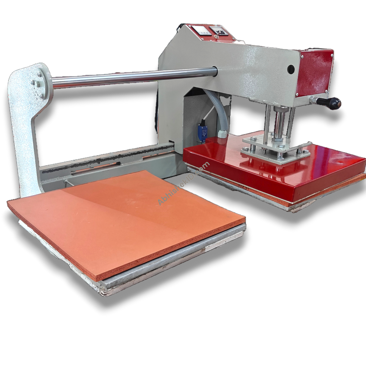 15x15 Automatic Double Bed Sublimation Heat Press, Dual Station Garment Press, gray and red metal, with orange rubber mats.