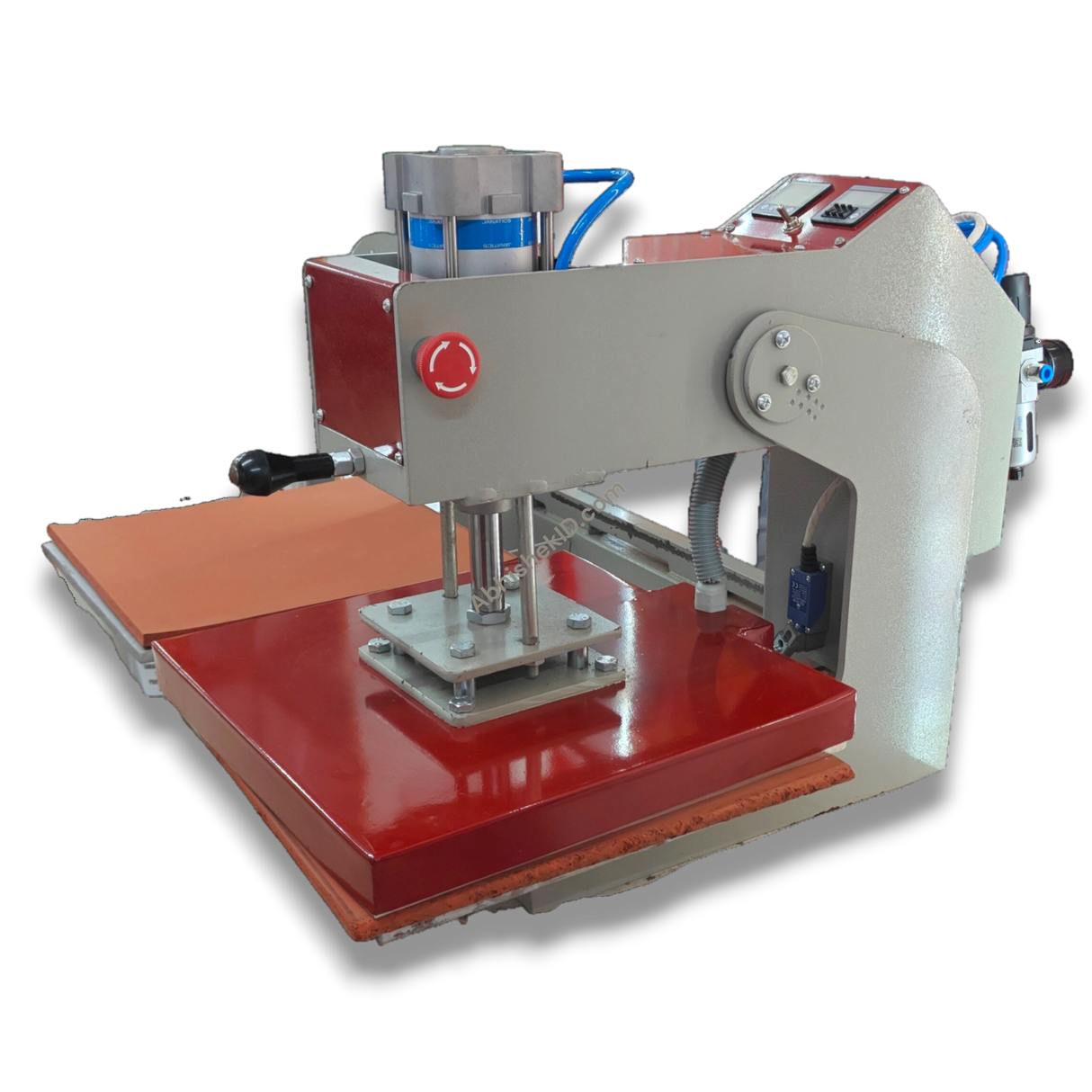 15x15 Automatic Double Bed Sublimation Heat Press, Dual Station Garment Press, red and gray metal, for fabric printing