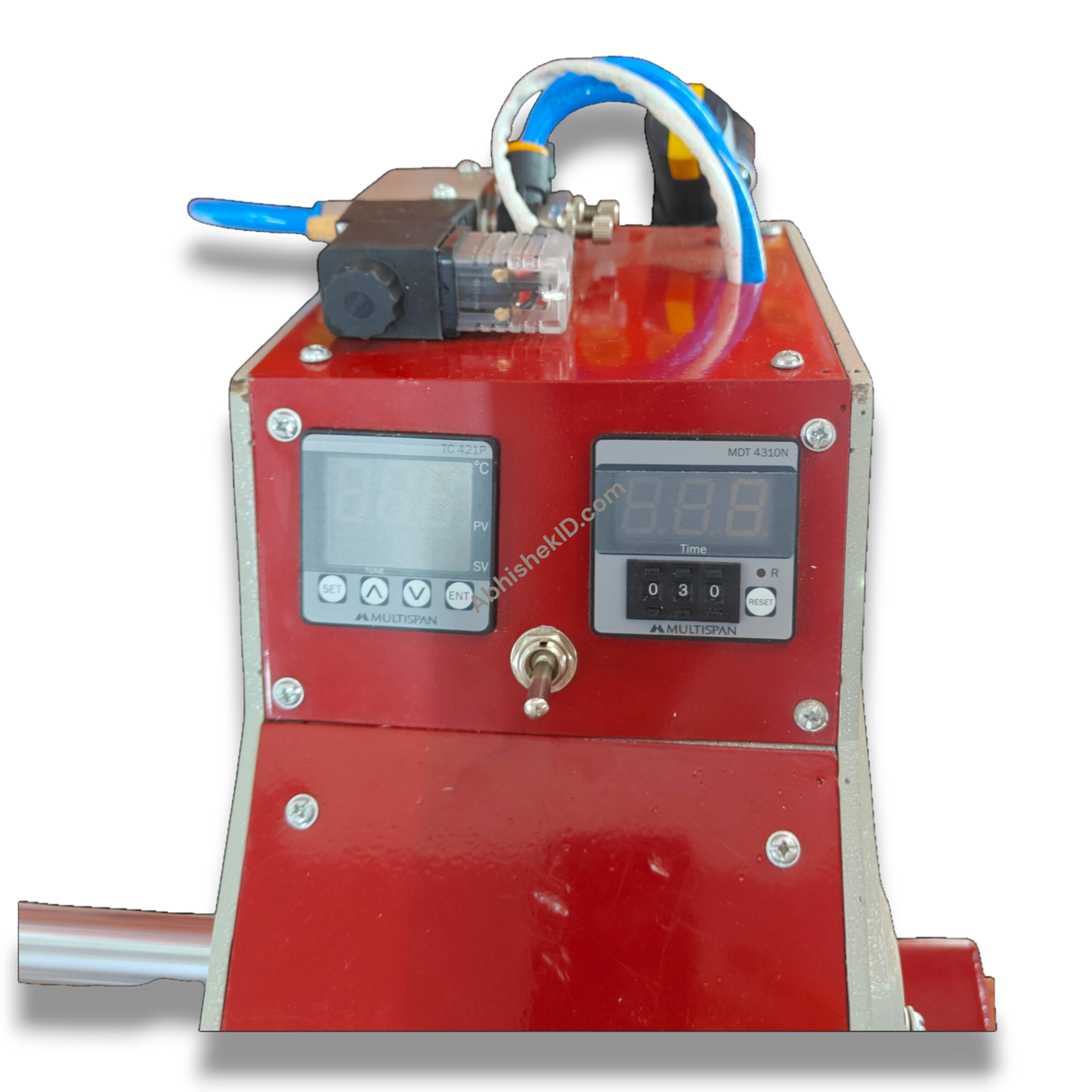15x15 Automatic Double Bed Sublimation Heat Press, red metal with digital displays, for garment pressing.