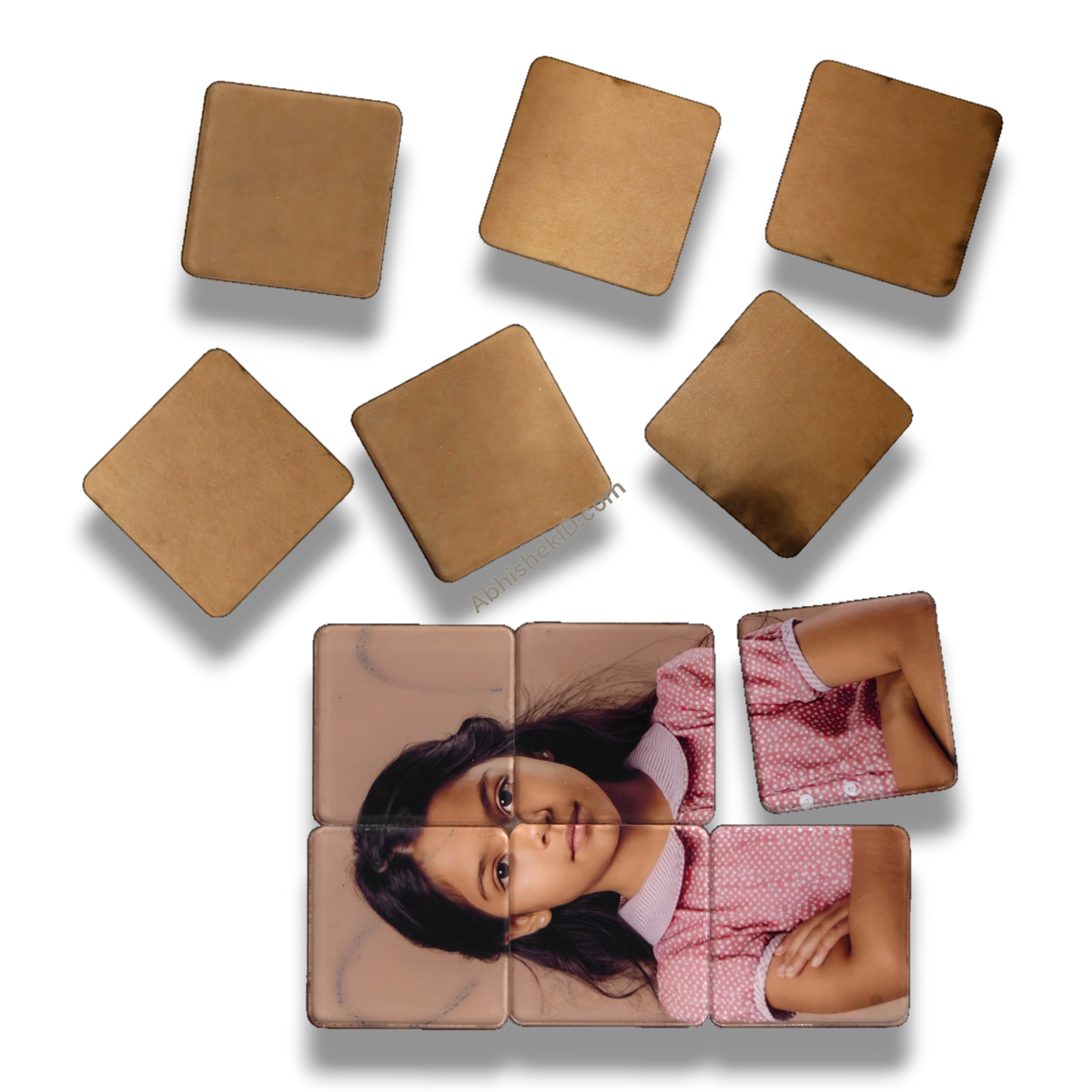 49mm clear acrylic puzzle DIY tiles, 2mm adhesive sparkle gumming square round-corner pieces, forming a child's face.