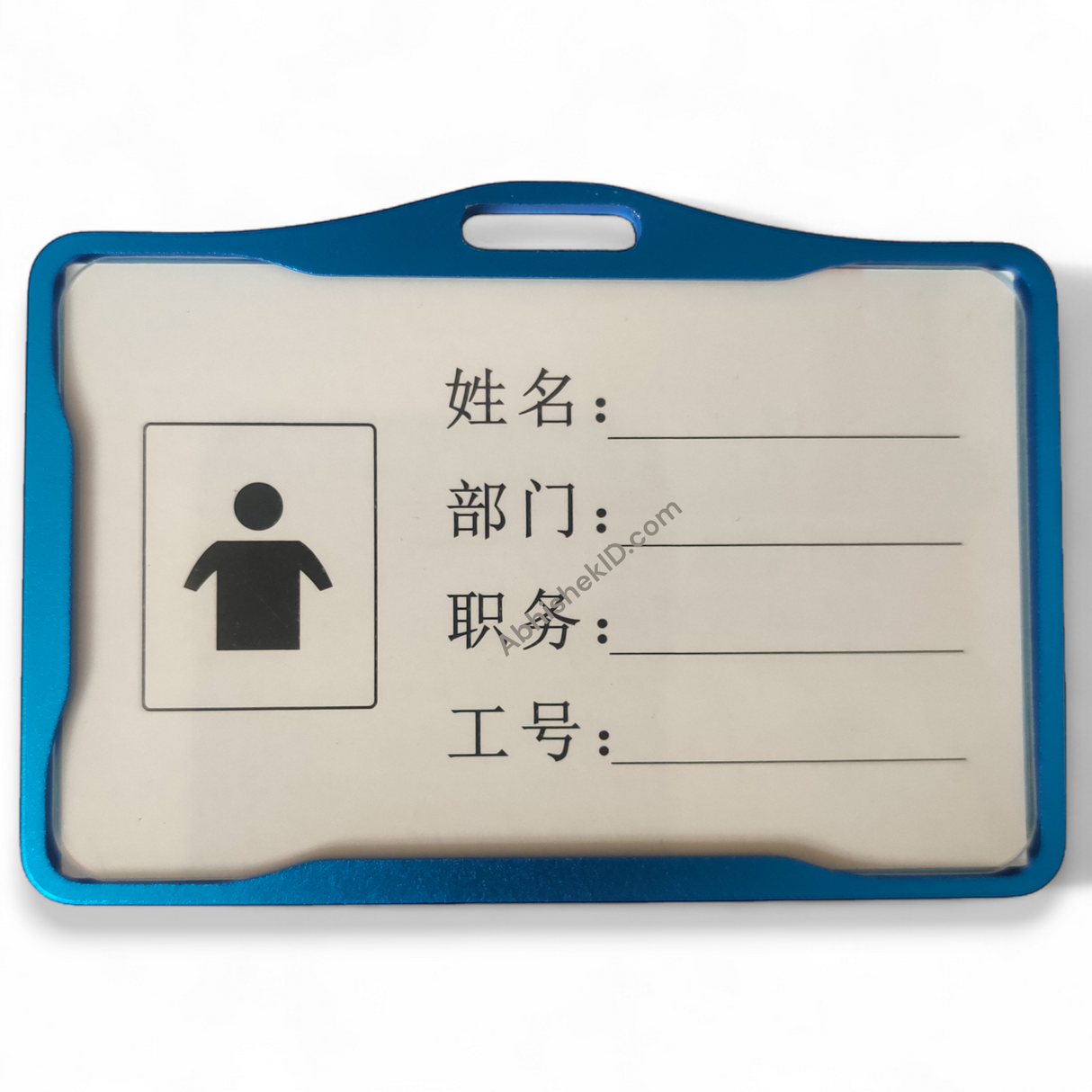 Horizontal blue aluminium credential holder for premium staff identification and commercial business networking.