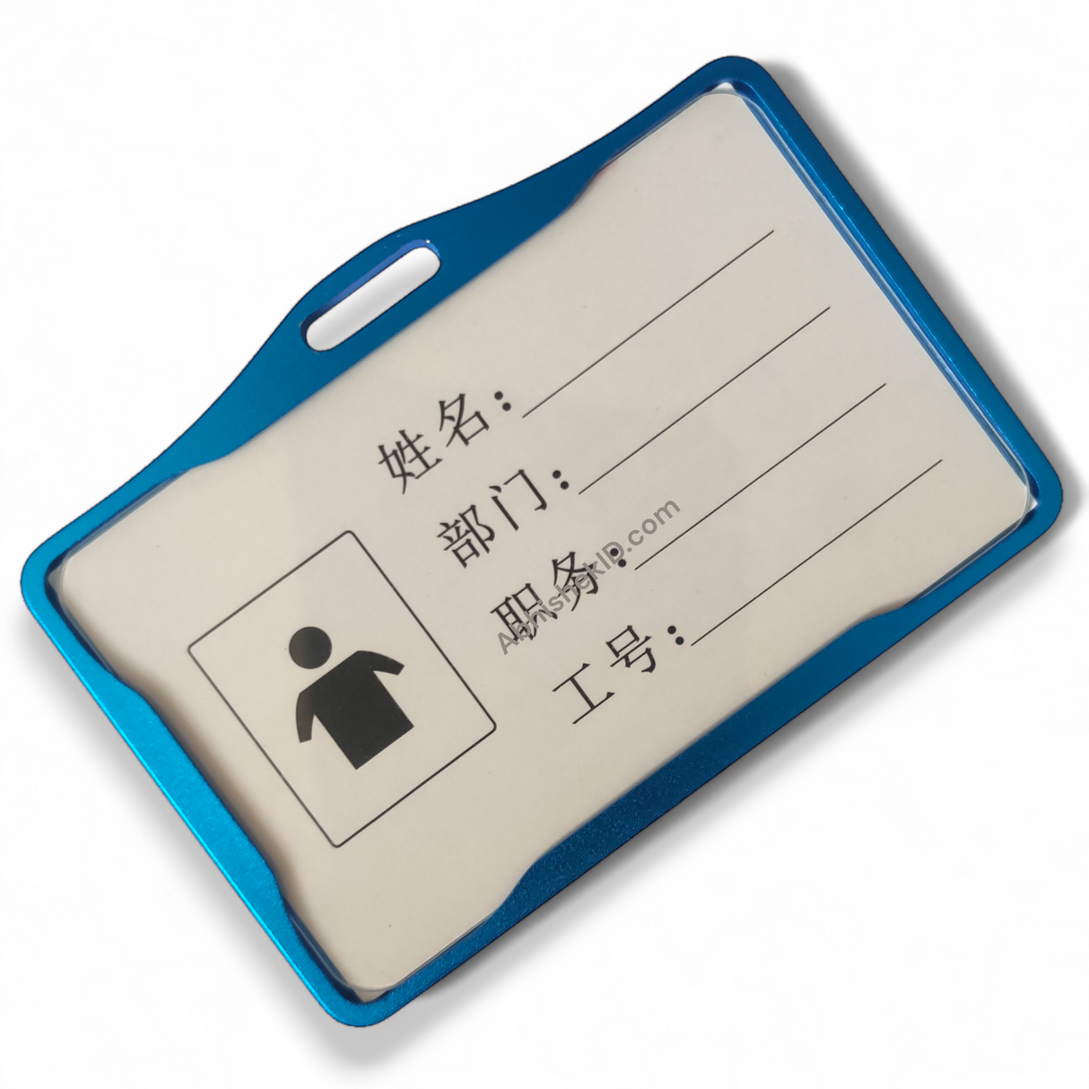 54x86mm blue metal badge holder securing smart access cards for enterprise workforce management.