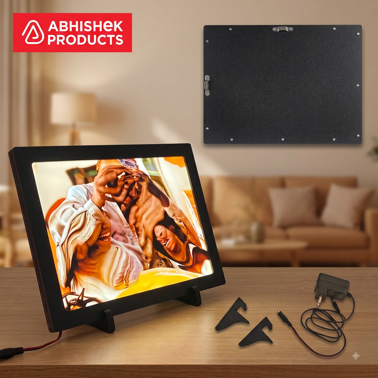 A4 LED Light Frame, black premium MDF, tabletop display with family portrait, wall hanging option, power adapter.