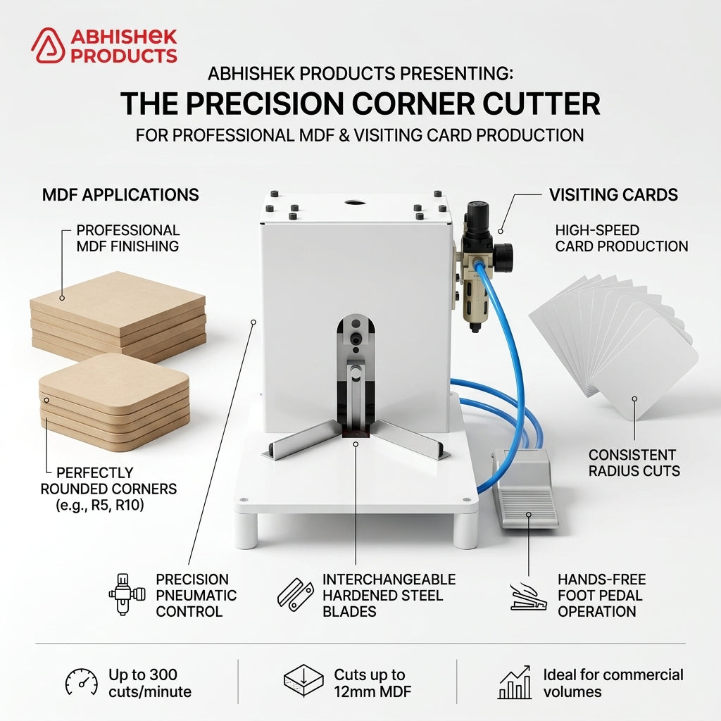 White Heavy Duty Pneumatic MDF & Visiting Card Corner Cutter Machine rounding edges of brown wood and white paper.