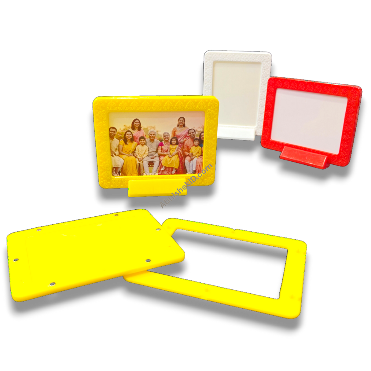 Yellow magnetic tabletop frame, 3x4 inch. Ideal for displaying memories on desks, shelves, or tables.