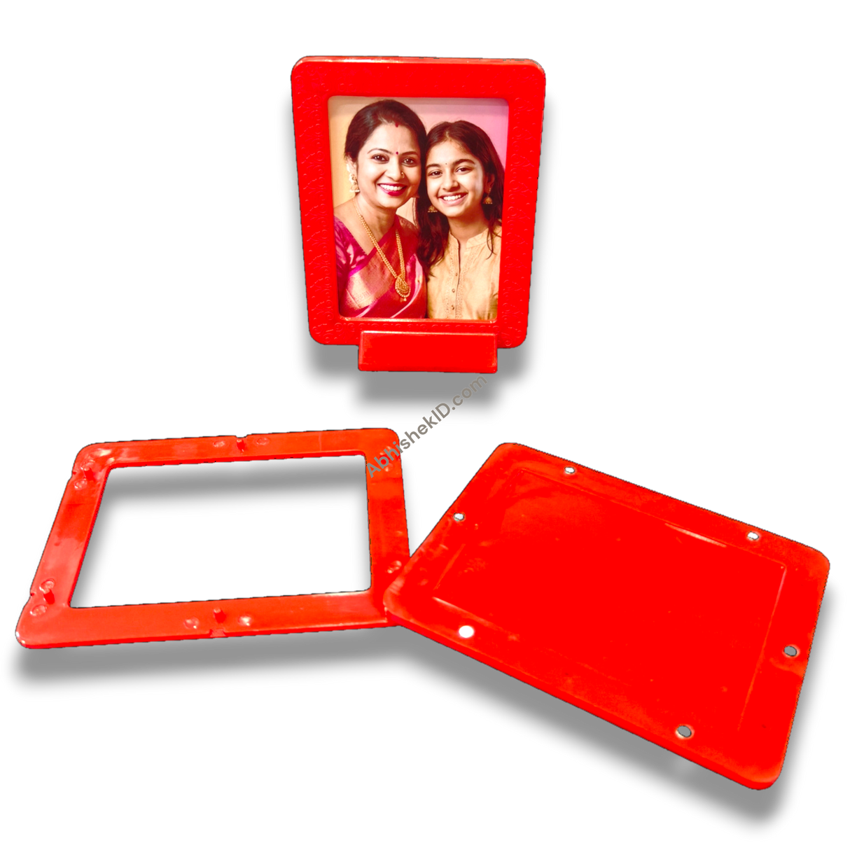 Red magnetic tabletop frame, 3x4 inch. Picture display for desk, shelf, or table. Home decor.