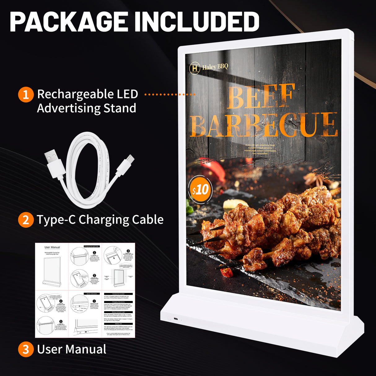 Rechargeable A4 LED Menu Stand for commercial trade show booths and glowing product advertising.