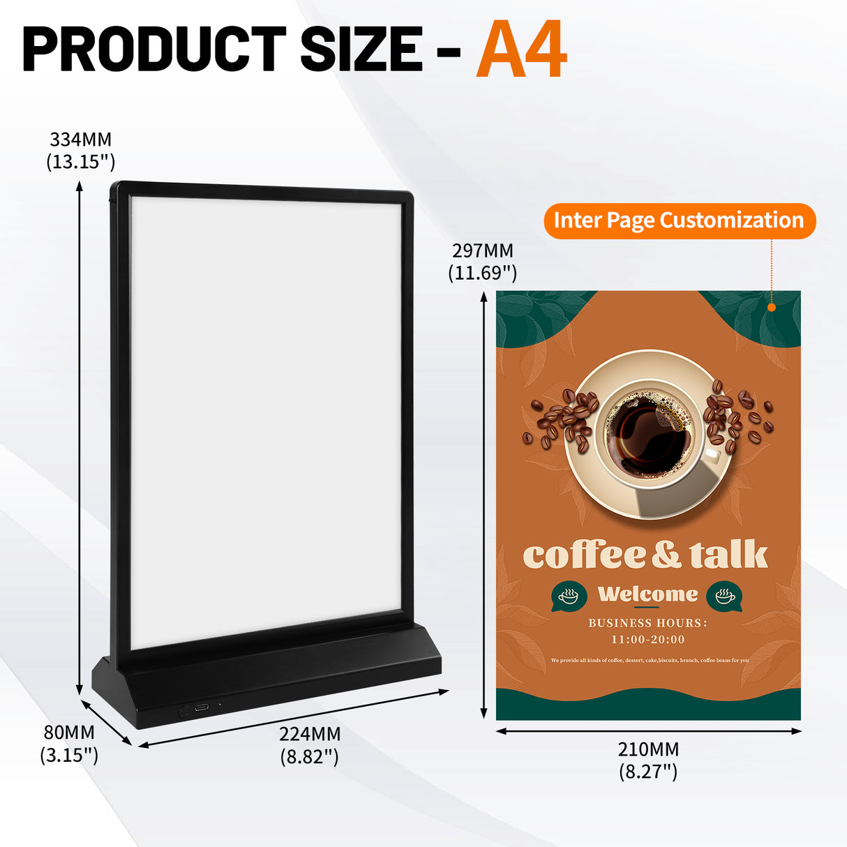 Rechargeable A4 LED Menu Stand for restaurant tables and illuminated business signage.