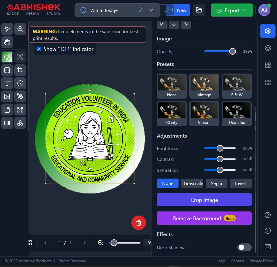 Online Button Badge Design Tool for custom artwork creation for promotional merchandise.