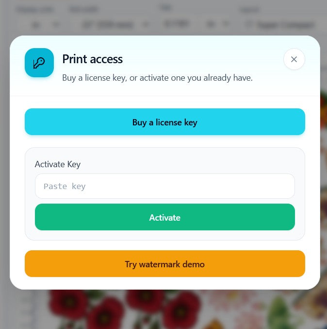 DTF Gang Sheet Software - Unlimited Nest for Print Shops, white and blue UI, license key activation screen for print shops
