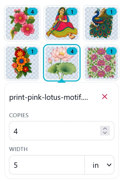 DTF Gang Sheet Software - Unlimited Nest for Print Shops, white interface, selecting pink lotus motif for print job
