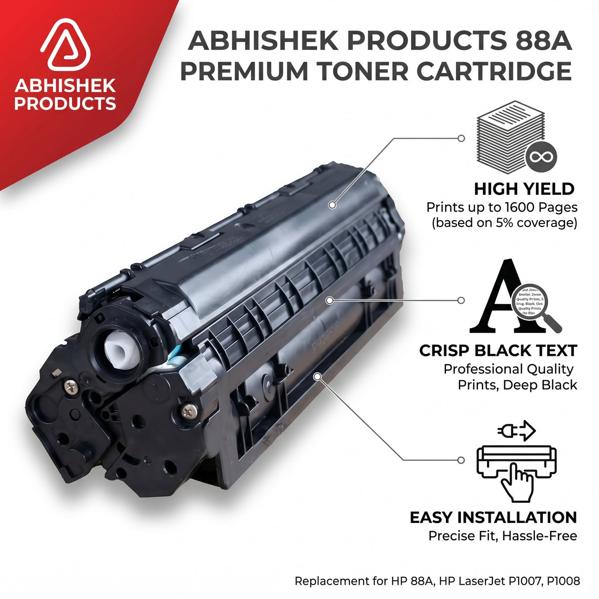88A Toner Cartridge (CC388A) black plastic for HP P1108, P1007, M1136 & Pro Series, for printing documents