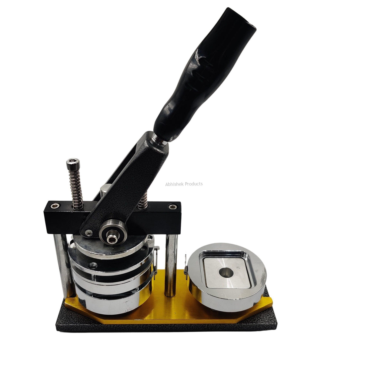 Square Button Badge Machine 50x50mm producing employee name tags and heavy duty badge assembly.