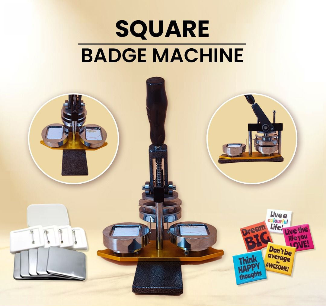 Square Button Badge Setup 50x50mm utilized for crafting promotional magnetic badges for commercial advertising.