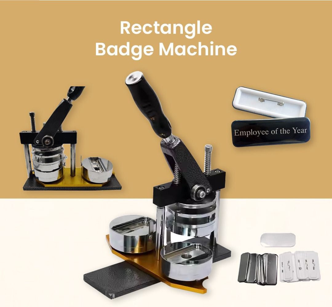 Square Button Badge Setup 50x50mm shaping printed promotional materials into retail ready button pins.