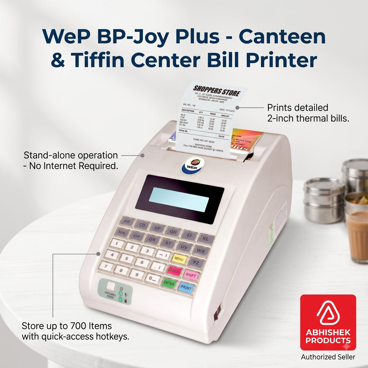 WeP BP-Joy Plus Billing Machine, white plastic, with a 2-inch thermal bill printing for canteen use.