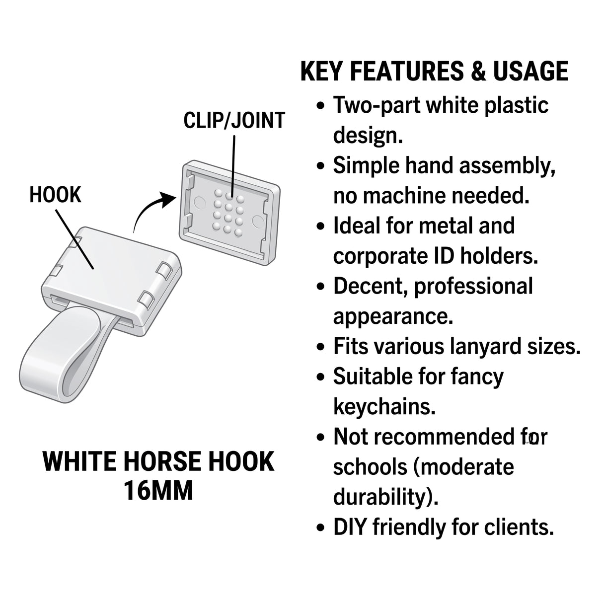16mm White Horse Hook, plastic snap clip for ID card lanyards.