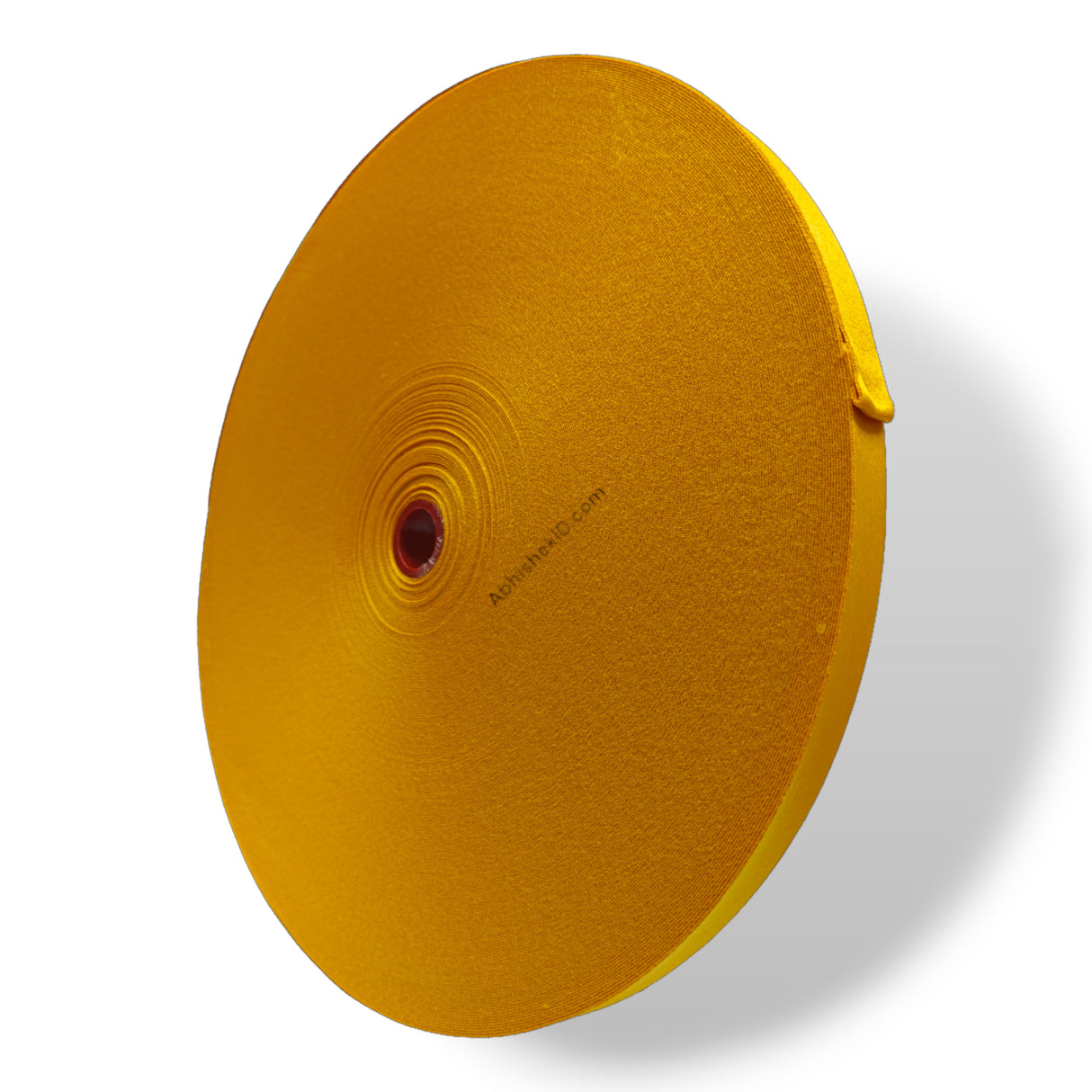 Top-down angle of yellow 12mm Colour Satin Roll used for employee ID badge fabrication.