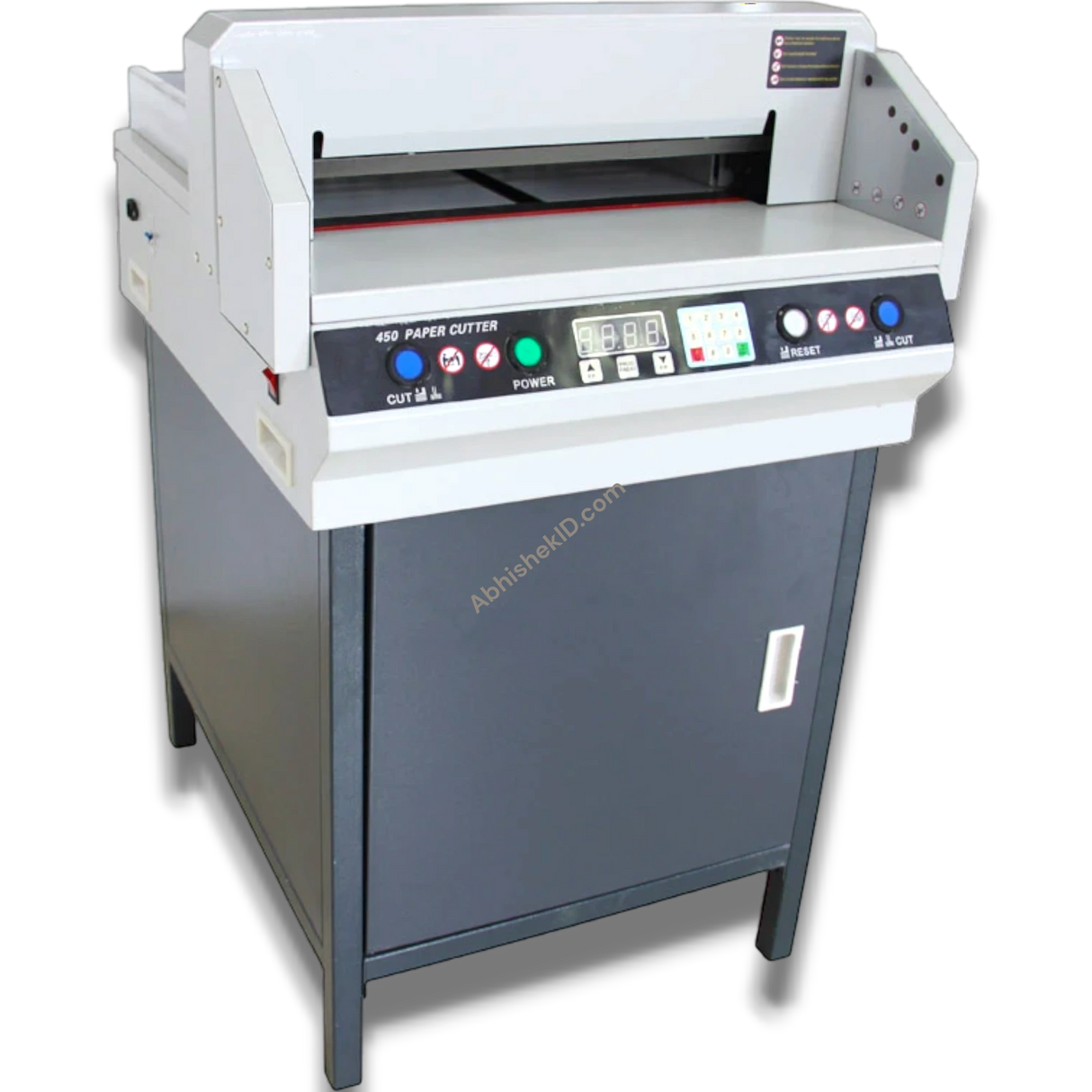 Abhishek Products 450VS automatic electric paper cutter with digital display and keypad for A3 size, 17-inch cutting width.
