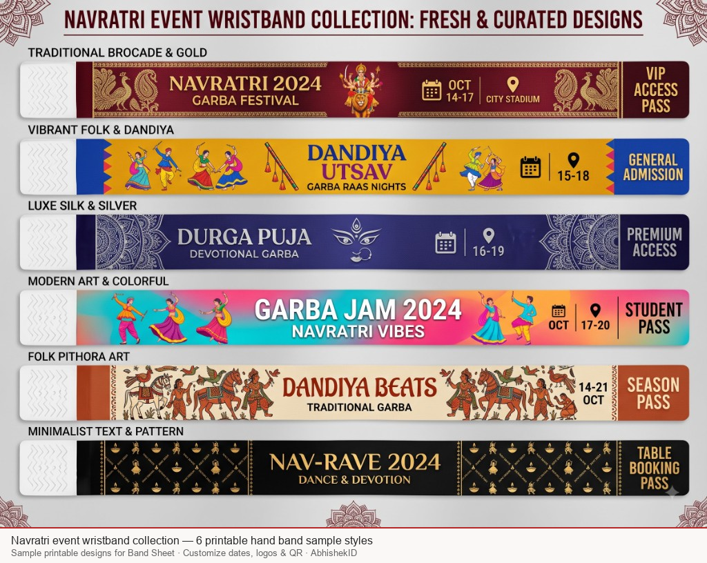 Navratri event wristband collection 6 printable hand band sample styles for Band Sheet