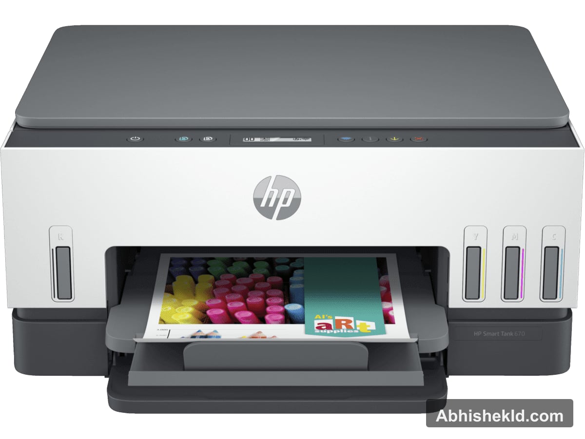 HP Smart Tank 670 all-in-one printer front view showing ink tank levels