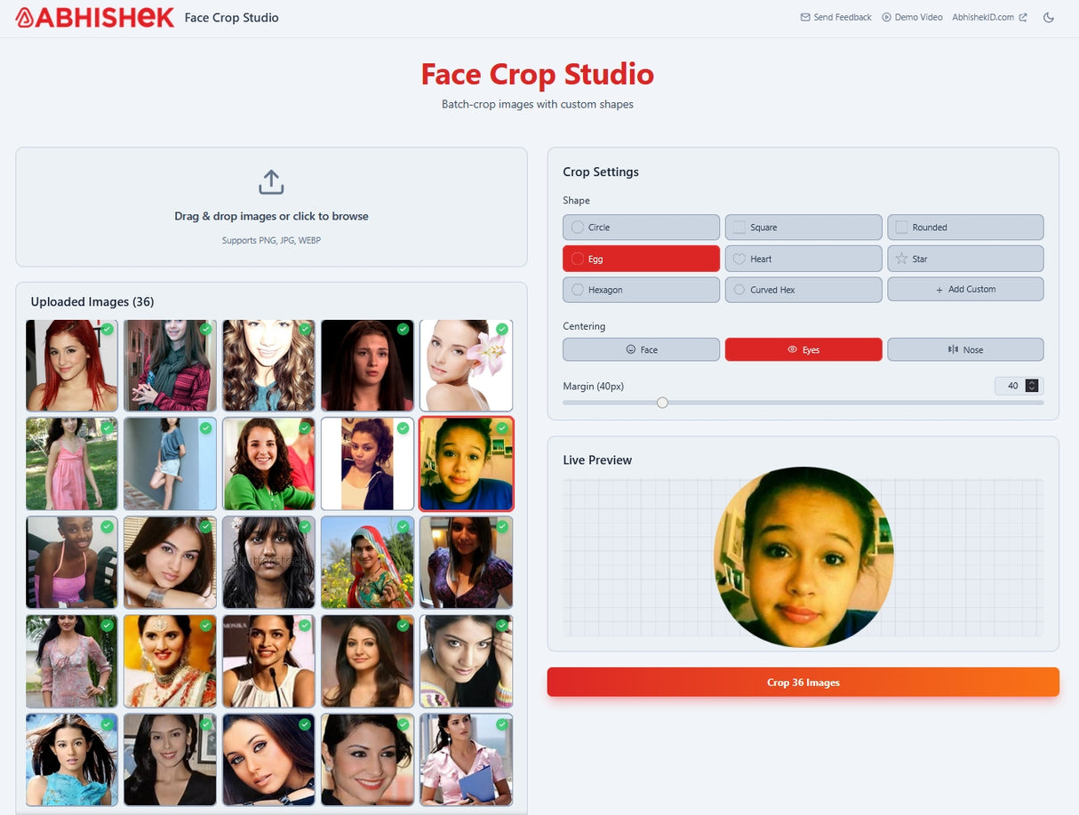 Face Crop Studio Batch Photo Cropper custom shape tool for employee badge and ID card creation.