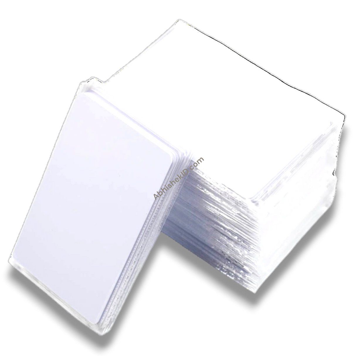 Stack of white MIFARE Classic 1K PVC Thermal 13.56 MHz contactless RFID smart cards for printable access ID badges.