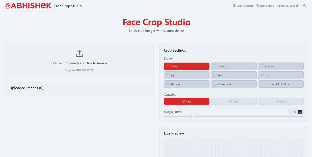 Face Crop Studio Batch Photo Cropper circle crop configuration for digital avatar and credential production.