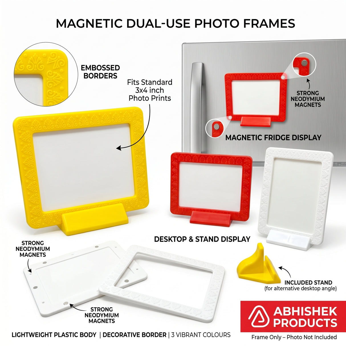 Magnetic Photo Frame with Stand - 3x4 Inch Fridge Magnet | Tabletop Display