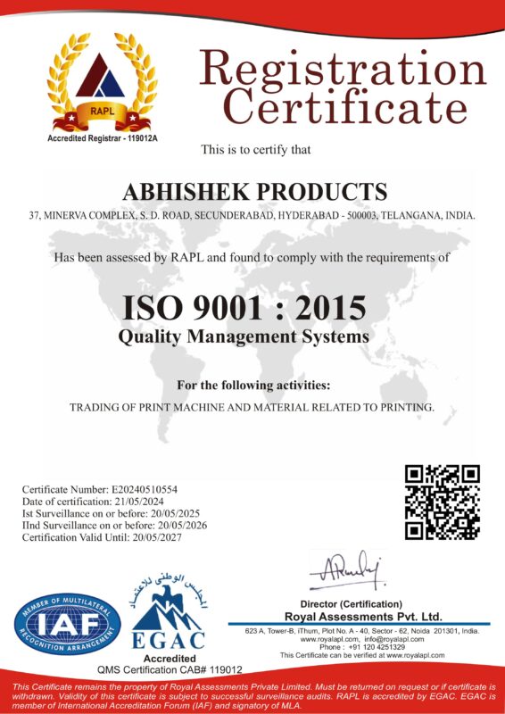 ABHISHEK PRODUCTS QMS E20240510554 ISO 9001 2015