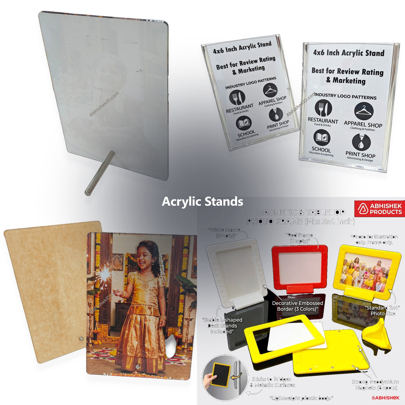 Acrylic Photo Stands 4x6 & A4 for ID card and print shops in India — product collage