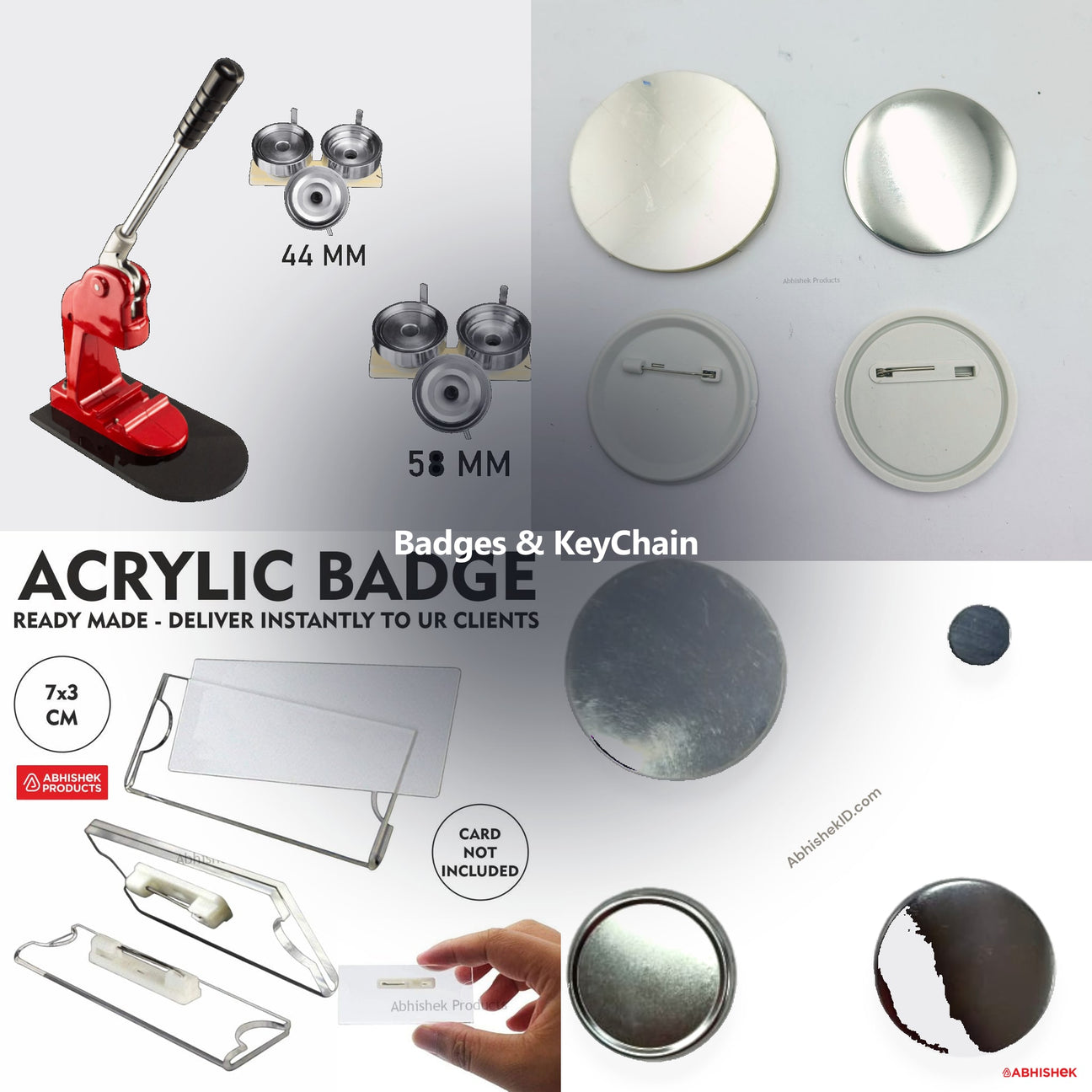 Badge Keychain & Button Badge Supplies for ID card and print shops in India — product collage