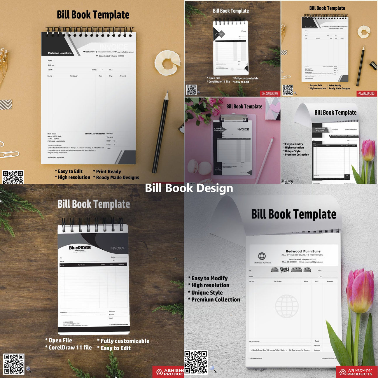 Bill Book Design CDR Templates for ID card and print shops in India — product collage