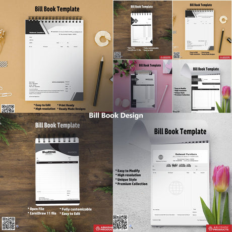 Bill Book Design CDR Templates for ID card and print shops in India — product collage