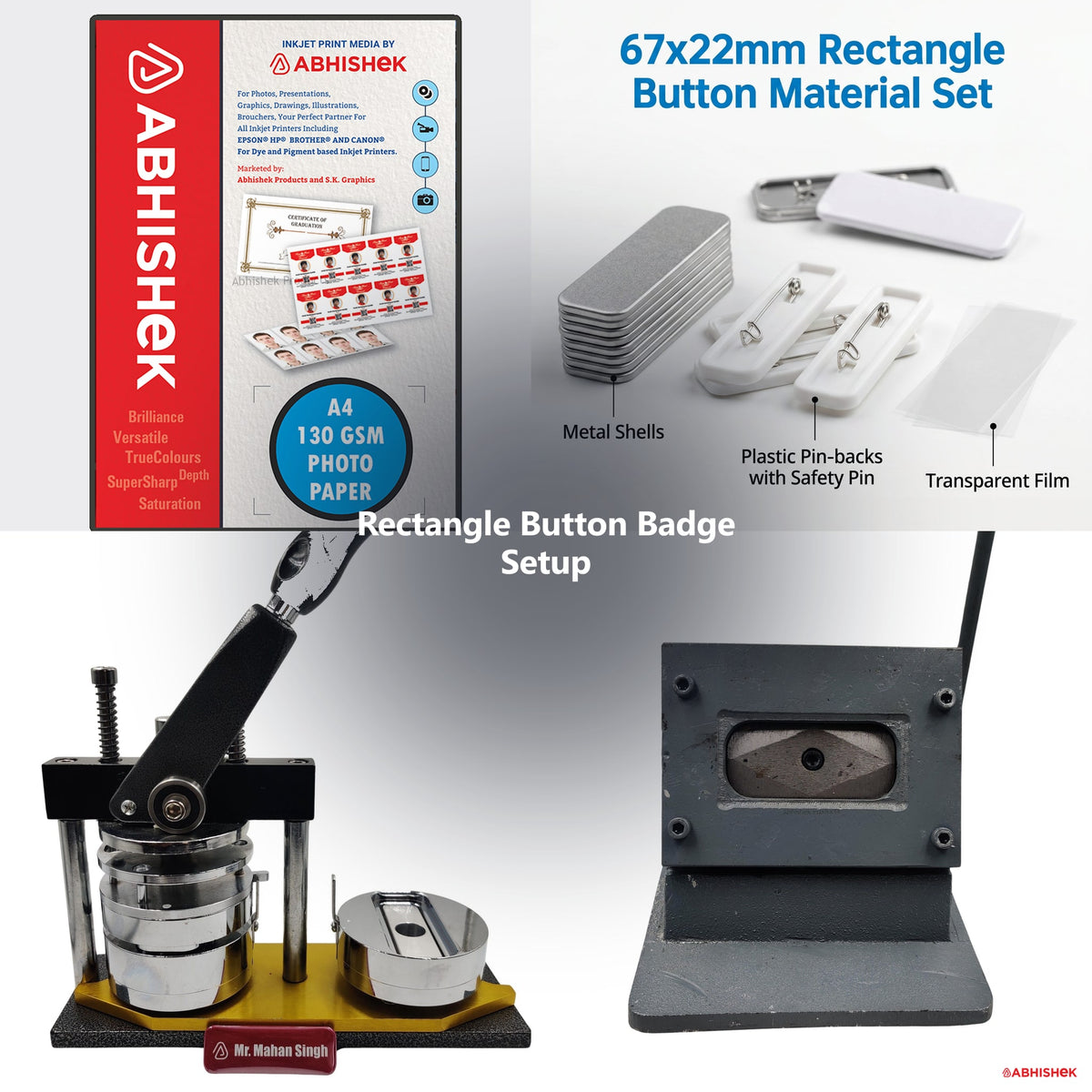 Rectangle Button Badge Setup for ID card and print shops in India — product collage