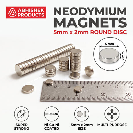 5mm x 2mm neodymium round disc magnets Ni-Cu-Ni coated bulk pack feature graphic