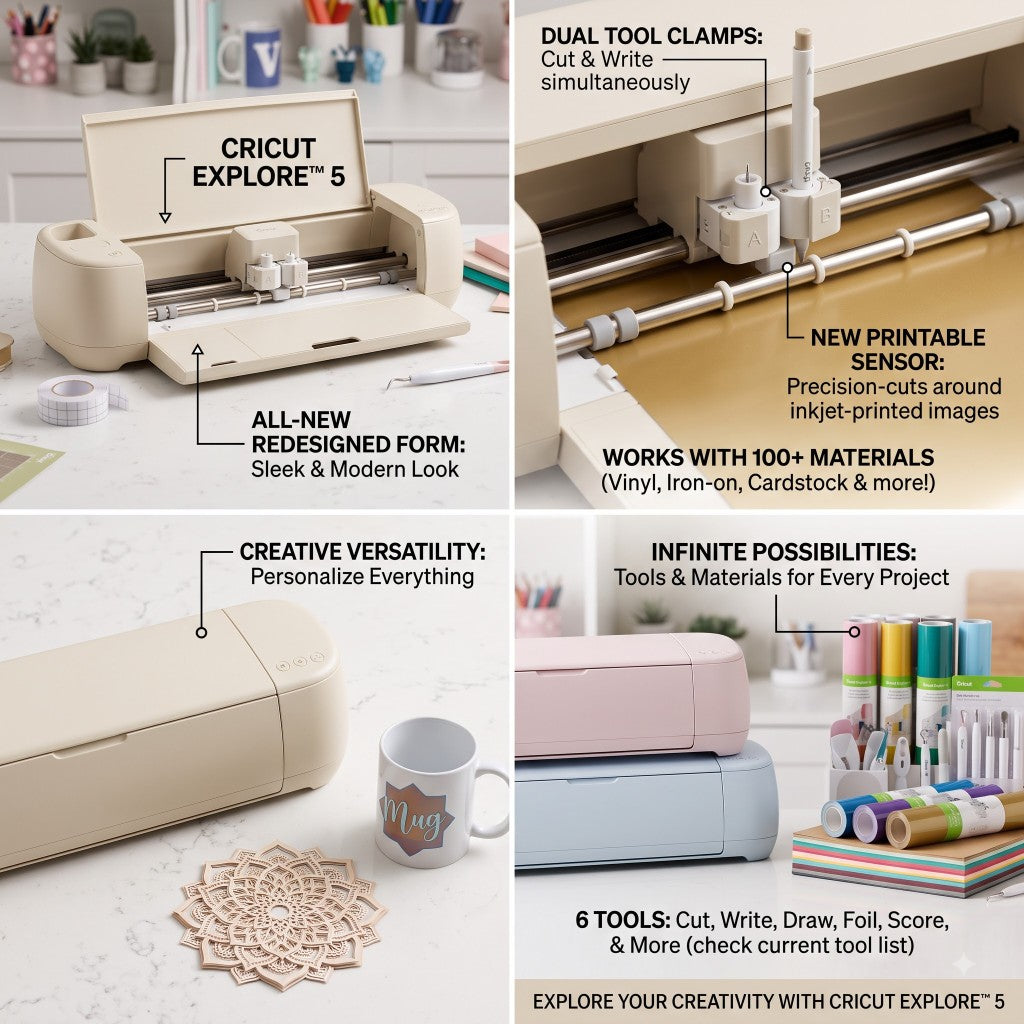 Cricut Explore 5 smart cutting machine, beige, cutting vinyl, iron-on, and cardstock for crafts.