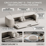 Cricut Explore 5 smart cutting machine, white, cutting intricate mandala design from paper.