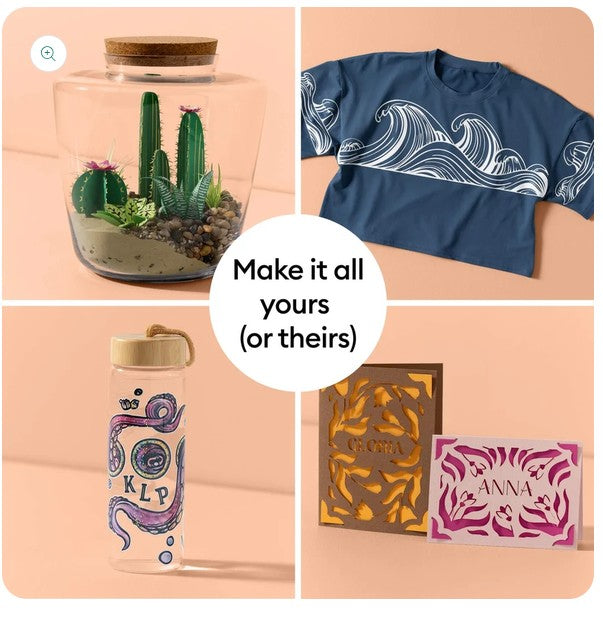 Cricut Explore 5 projects: terrarium, blue t-shirt with white waves, water bottle with purple octopus, cut paper cards