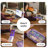Cricut Explore 5 smart cutting machine, white, cutting purple vinyl for a personalized pencil case.