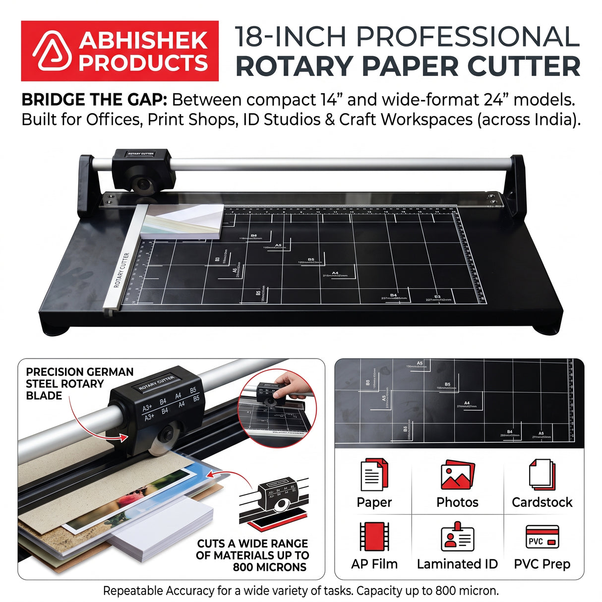 18" Rotary Paper Trimmer/Cutter, heavy-duty black steel, for cutting paper, photos, cardstock up to 800 mic.