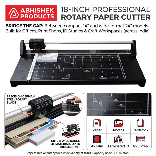 18" Rotary Paper Trimmer/Cutter, heavy-duty black steel, for cutting paper, photos, cardstock up to 800 mic.