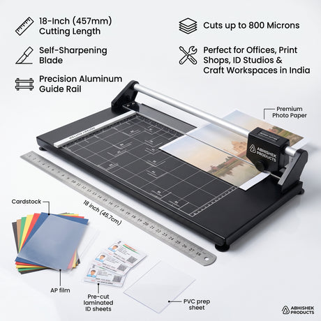 18" Rotary Paper Trimmer/Cutter, heavy-duty, black metal with aluminum rail, cutting photo paper.
