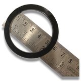 Black plastic Button Badge Ring, 58mm or 44mm die height washer spacer, shown with ruler for size.