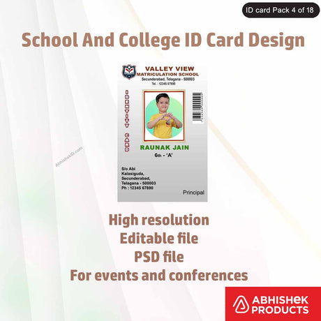 Editable PSD design for designing school ID cards, featuring professional elements