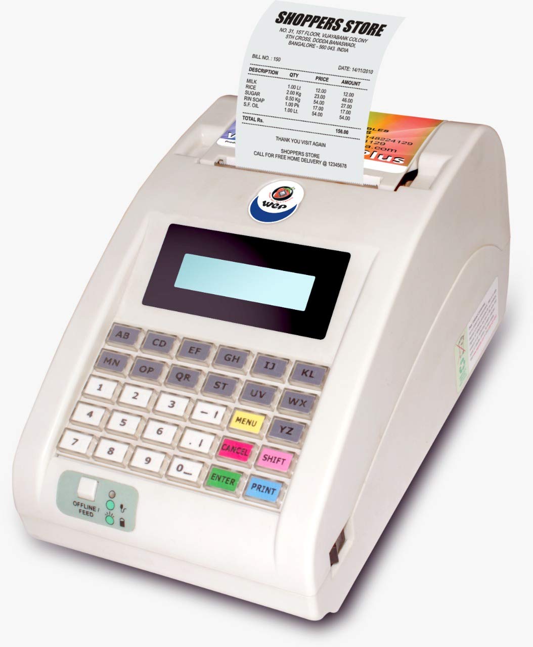 WeP BP-Joy Plus Billing Machine, white plastic, 2-inch thermal cash register printer with receipt.